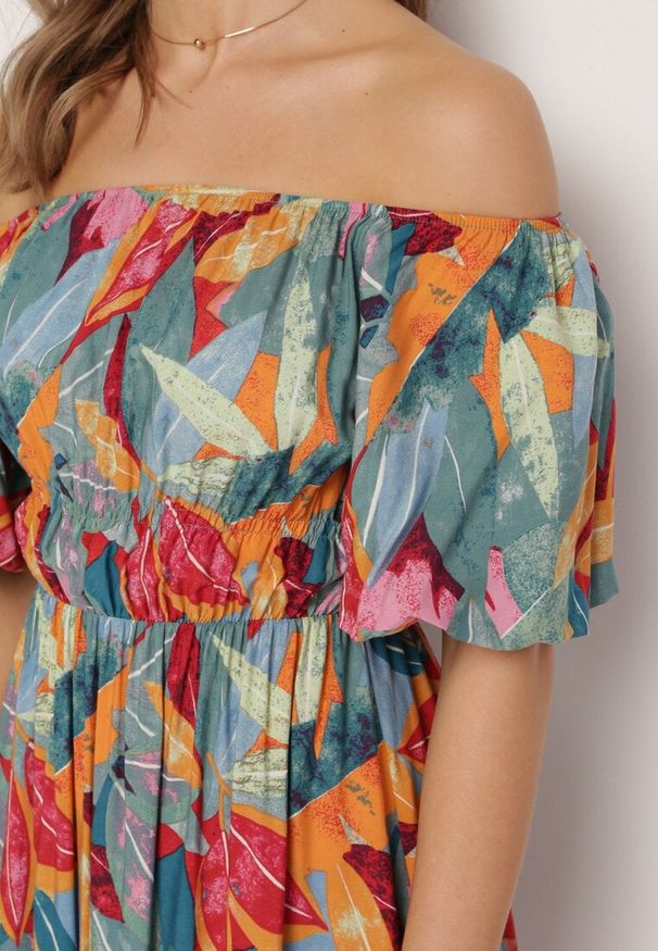 Born2be - Zielono-Pomarańczowa Wiskozowa Rozkloszowana Sukienka z Bufiastymi Rękawami i Elastyczną Gumką w Talii Biatala. Okazja: na co dzień. Kolor: zielony. Materiał: wiskoza. Typ sukienki: rozkloszowane, proste. Styl: klasyczny, casual, elegancki