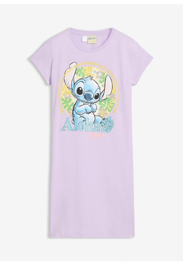 bonprix - Koszula nocna z nadrukiem Stitcha z czystej bawełny. Kolor: fioletowy. Materiał: bawełna. Wzór: nadruk
