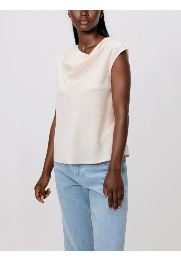 Reserved - Bluzka z drapowanym dekoltem - złamana biel. Materiał: tkanina