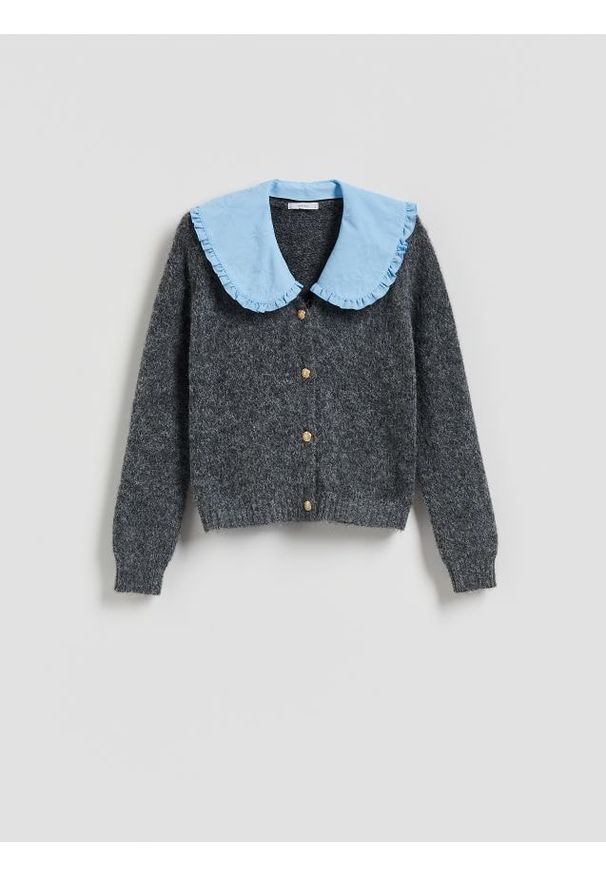 Reserved - Kardigan z kołnierzykiem - szary. Kolor: szary. Materiał: dzianina, wełna