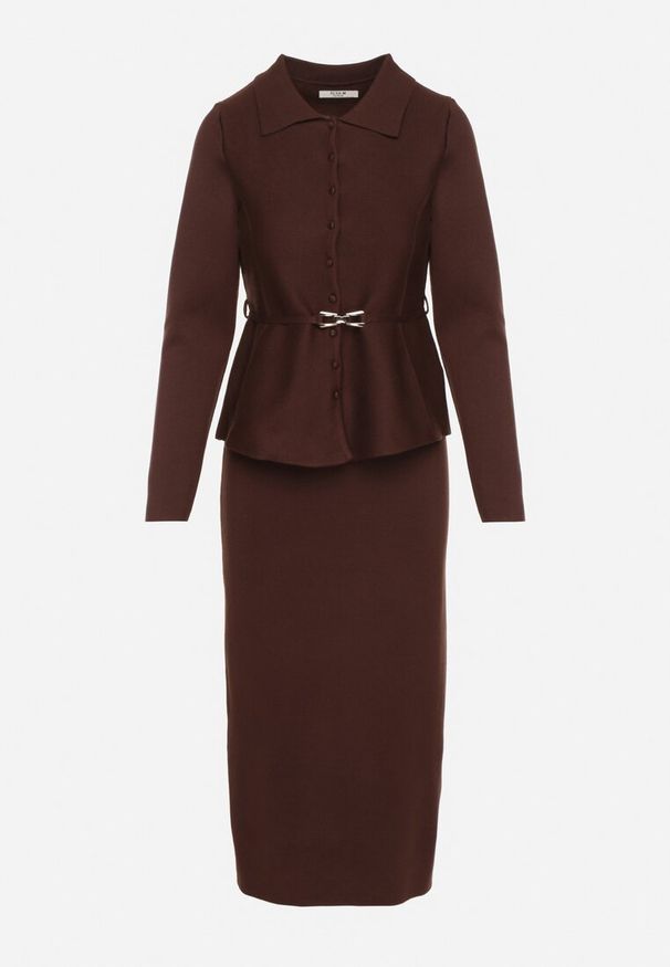 Born2be - Brązowy Komplet Garsonka z Wiskozą Marynarka z Paskiem i Ołówkowa Spódnica Zaise. Kolor: brązowy. Materiał: wiskoza