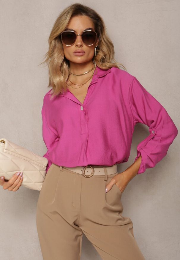 Renee - Fuksjowa Bluzka z Wiskozy w Stylu Koszuli Zapinana na Guziki Aviessa. Kolor: różowy. Materiał: wiskoza