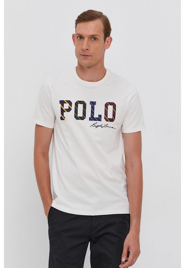 Polo Ralph Lauren - T-shirt bawełniany. Okazja: na co dzień. Typ kołnierza: polo. Kolor: beżowy. Materiał: bawełna. Wzór: nadruk. Styl: casual