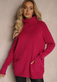 Renee - Fuksjowy Casualowy Golf z Domieszką Wiskozy Ozdobiony Małymi Kieszeniami Viasya. Okazja: na co dzień. Typ kołnierza: golf. Kolekcja: plus size. Kolor: różowy. Długość: długie. Wzór: aplikacja. Materiał: wiskoza. Długość rękawa: długi rękaw. Styl: casual #5
