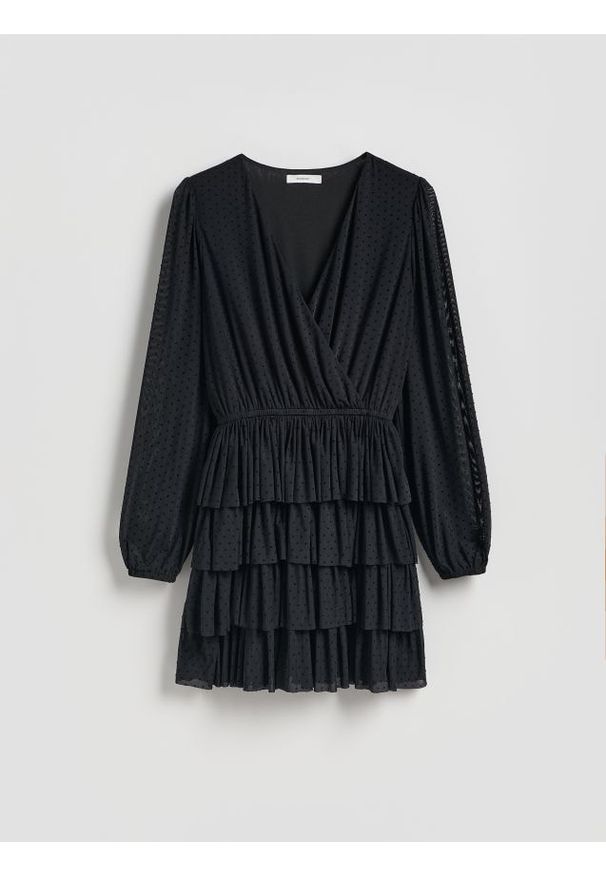 Reserved - Sukienka mini w groszki - czarny. Kolor: czarny. Materiał: dzianina. Wzór: grochy. Długość: mini