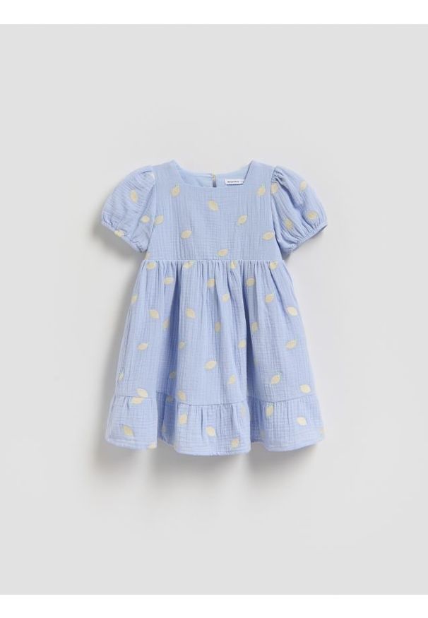 Reserved - Muślinowa sukienka z haftem - jasnoniebieski. Kolor: niebieski. Materiał: bawełna, tkanina. Wzór: haft
