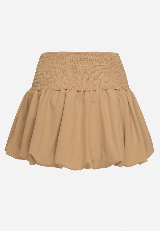 Born2be - Ciemnobeżowa Rozkloszowana Spódnica Bufiasta z Elastyczną Gumką w Pasie Hetilda. Okazja: na co dzień, na spotkanie biznesowe. Stan: podwyższony. Kolor: beżowy. Styl: biznesowy, casual, elegancki