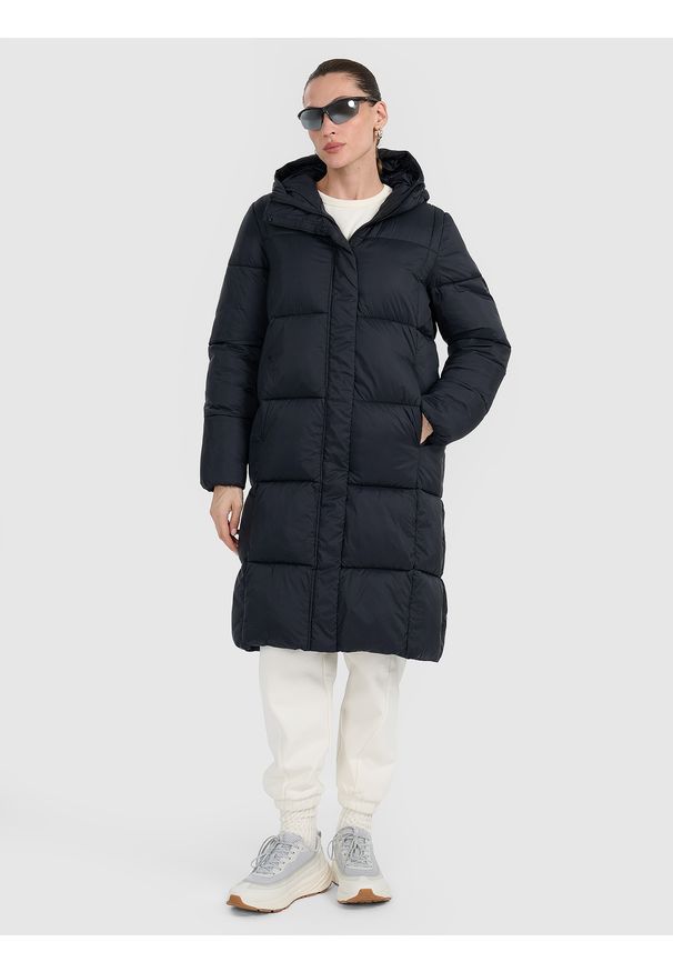 4f - 4F Płaszcz puchowy z wypełnieniem syntetycznym damski - czarny XS. Okazja: na co dzień. Kolor: czarny. Materiał: puch, syntetyk. Długość: do kolan. Sezon: zima. Styl: casual
