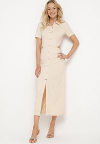 Born2be - Beżowa Sukienka Koszulowa z Wycięciami w Talii i i Marszczeniami Zapinana na Guziki Quvlea. Okazja: na co dzień. Kolor: beżowy. Materiał: jeans, wiskoza. Typ sukienki: koszulowe. Styl: casual #7
