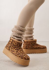 Born2be - Panterkowe Krótkie Śniegowce na Platformie Lysindra. Materiał: wełna, zamsz, jeans, futro. Sezon: zima. Obcas: na platformie. Styl: elegancki, klasyczny #9