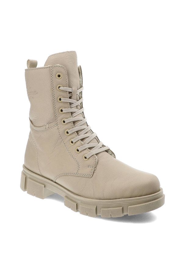 Beżowe Botki Rieker Damskie Stylowe Obuwie. Zapięcie: zamek. Kolor: beżowy. Materiał: futro, syntetyk. Sezon: zima, jesień. Obcas: na obcasie. Styl: elegancki. Wysokość obcasa: średni