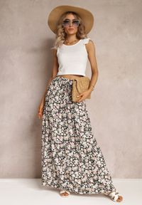 Renee - Czarno-Różowa Bawełniana Spódnica Maxi z Troczkiem i Printem w Kwiaty Yibji. Kolor: czarny. Materiał: bawełna. Wzór: kwiaty, nadruk. Styl: boho
