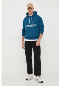 Armani Exchange bluza bawełniana męska kolor niebieski z kapturem z nadrukiem. Typ kołnierza: kaptur. Kolor: niebieski. Materiał: bawełna. Wzór: nadruk #2