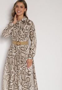 Born2be - Beżowa Sukienka Koszulowa z Wiskozą Zdobiona Paskiem i Wzorem w Węża Delane. Okazja: na co dzień. Kolor: beżowy. Materiał: wiskoza. Wzór: aplikacja. Typ sukienki: koszulowe. Styl: casual, elegancki #2