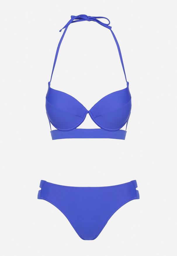 Renee - Niebieskie Bikini Majtki Figi z Wycięciami i Biustonosz z Ozdobnymi Paskami Kinalana. Kolor: niebieski