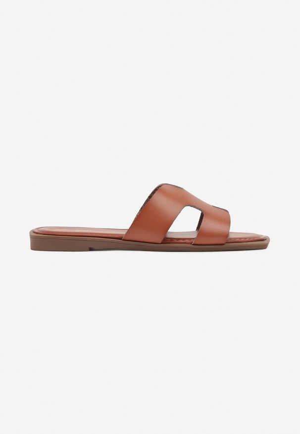 Renee - Brązowe Casualowe Klapki z Geometryczną Cholewką Sallasena. Okazja: na co dzień. Kolor: brązowy. Materiał: jeans. Wzór: geometria. Styl: casual