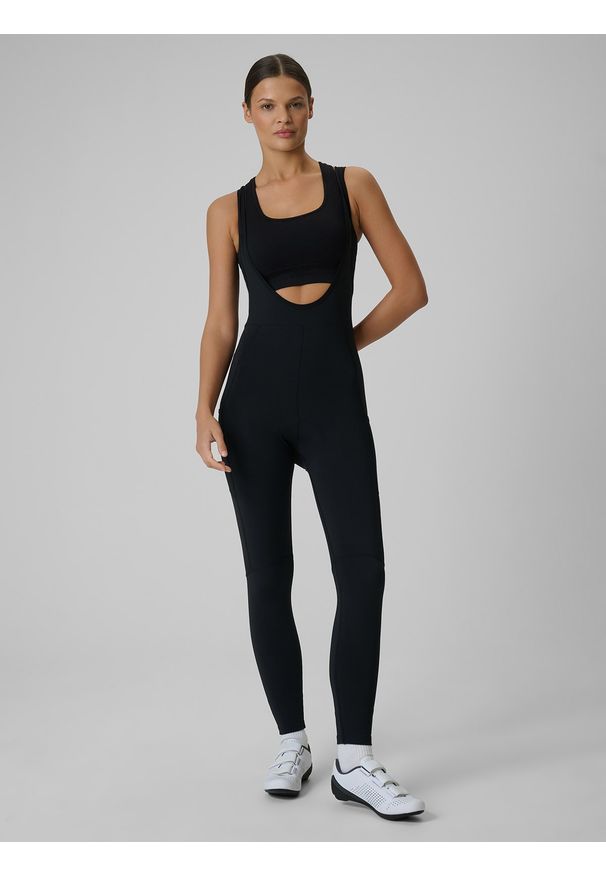 4f - 4F Długie spodnie kolarskie z szelkami damskie - czarne XL. Kolor: czarny. Materiał: włókno, skóra, materiał. Długość: długie. Sport: kolarstwo