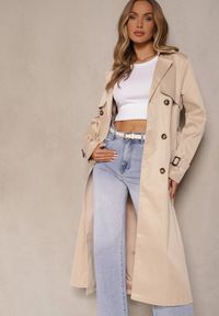 Renee - Jasnobeżowy Płaszcz w Stylu Trencza z Paskiem i Klamrą Sinthelle. Okazja: do pracy, na co dzień. Kolor: beżowy. Styl: casual, elegancki #4