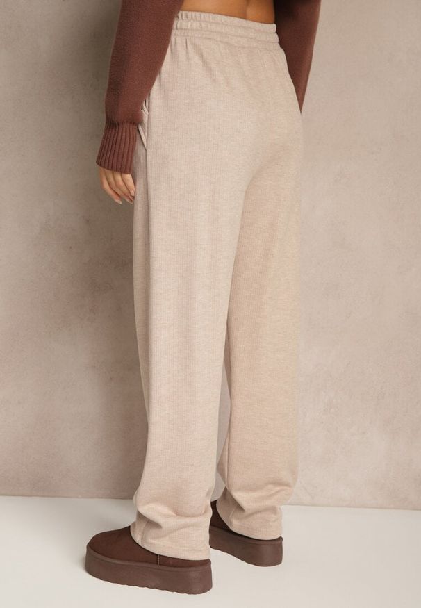 Renee - Beżowe Spodnie High Waist z Gumką i Troczkami w Pasie Rallena. Okazja: na co dzień. Stan: podwyższony. Kolor: beżowy. Styl: casual
