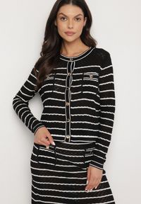 Born2be - Czarny Dzianinowy Komplet z Wiskozą w Paski Kardigan i Spódnica Sepoline. Kolor: czarny. Materiał: dzianina, wiskoza. Wzór: paski #5