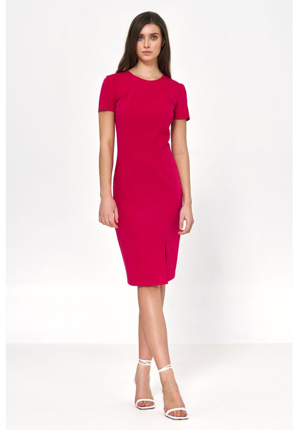 Nife - Taliowana Sukienka z Krótkim Rękawem - Różowa. Kolor: różowy. Materiał: poliester, elastan, wiskoza. Długość rękawa: krótki rękaw