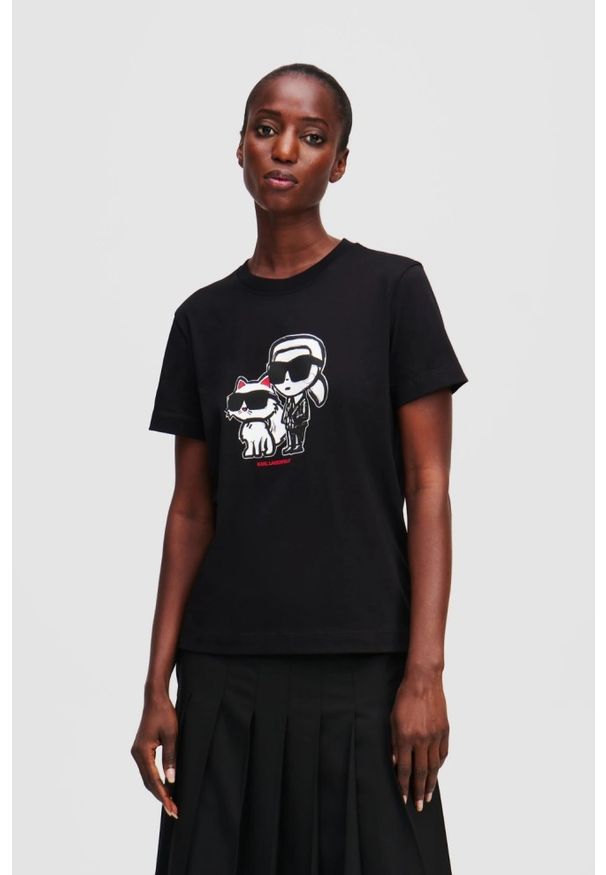 Karl Lagerfeld - KARL LAGERFELD Czarny damski t-shirt Ikon Sketch Duo, Rozmiar S. Kolor: czarny. Materiał: materiał. Wzór: nadruk
