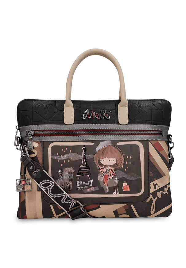 Aktówka damska Anekke, na dokumenty na laptopa na notebooka do ręki i na ramię, brązowa, 41806-110. Kolor: brązowy. Wzór: nadruk. Styl: casual, biznesowy, elegancki