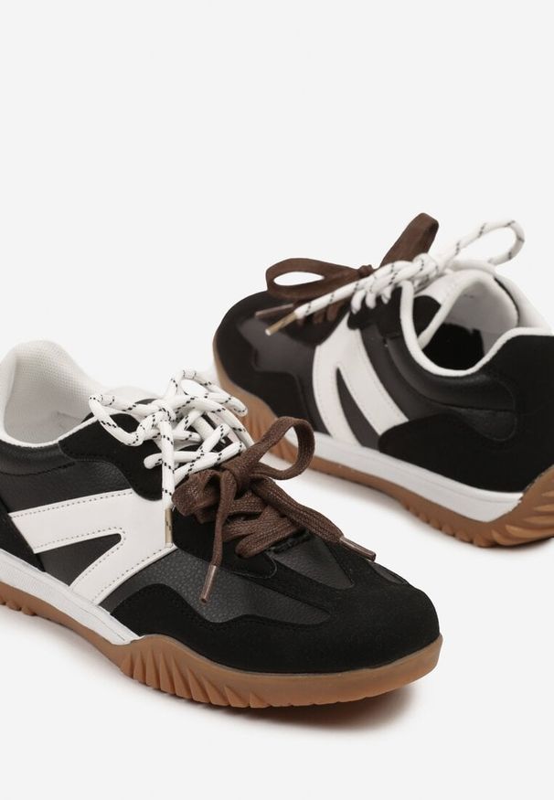 Born2be - Czarno-Białe Sneakersy Klasyczne Tenisówki z Dodatkowym Sznurowaniem Nilarisea. Okazja: na spacer. Kolor: czarny. Materiał: jeans, skóra. Sport: turystyka piesza