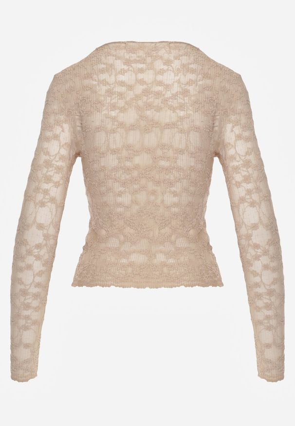 Born2be - Beżowa Bluzka Koronkowa z Transparentnego Materiału Hermatea. Okazja: na co dzień. Kolor: beżowy. Materiał: materiał, koronka. Styl: casual, elegancki, klasyczny