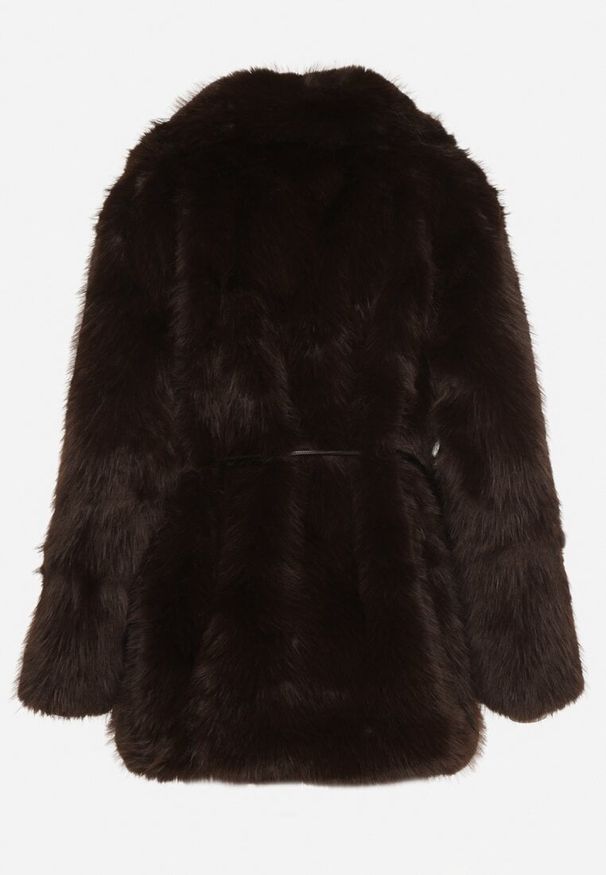 Born2be - Brązowa Kurtka Futerko o Prostym Kroju z Cienkim Wiązanym Paskiem Casatte. Okazja: do pracy, na spotkanie biznesowe. Typ kołnierza: golf. Kolor: brązowy. Materiał: futro. Wzór: aplikacja. Styl: biznesowy