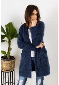 Nommo - Włochaty Sweter bez Zapięcia z Kieszeniami - Granatowy. Kolor: niebieski. Materiał: poliester