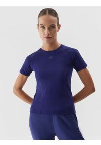 4f - Koszulka do biegania slim szybkoschnąca damska. Kolor: niebieski. Materiał: materiał, włókno, dzianina. Długość: krótkie. Sport: fitness, bieganie #1