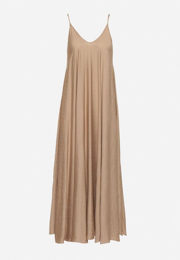 Born2be - Ciemnobeżowa Rozkloszowana Sukienka z Wiskozy z Cyrkoniami Ellitana. Okazja: na co dzień. Kolor: beżowy. Materiał: wiskoza. Sezon: lato. Styl: casual, klasyczny, elegancki