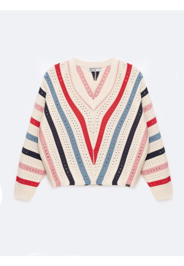 Big-Star - Sweter damski ażurowy w kolorowe paski kremowy Vika 102. Kolor: kremowy. Materiał: bawełna, wiskoza. Wzór: paski, ażurowy, kolorowy. Styl: klasyczny