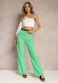 Renee - Zielone Szerokie Spodnie z Wysokim Stanem i Paskiem z Ozdobną Klamrą Lilura. Stan: podwyższony. Kolor: zielony #2