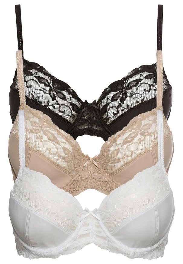 bonprix - Biustonosz na fiszbinach z delikatną koronką (3 szt.). Kolor: czarny. Materiał: koronka, poliamid. Wzór: koronka