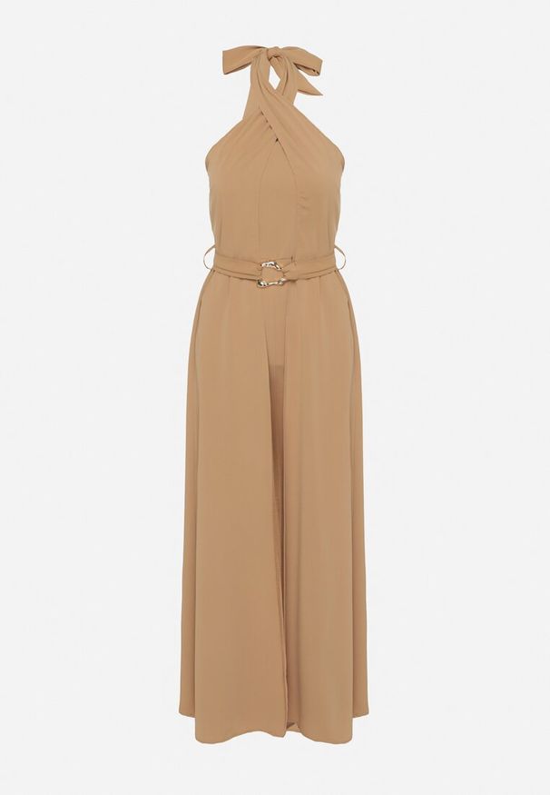 Born2be - Ciemnobeżowy Koktajlowy Kombinezon Wiązany na Szyję z Paskiem Melafela. Okazja: na imprezę. Kolor: beżowy. Materiał: materiał. Styl: wizytowy