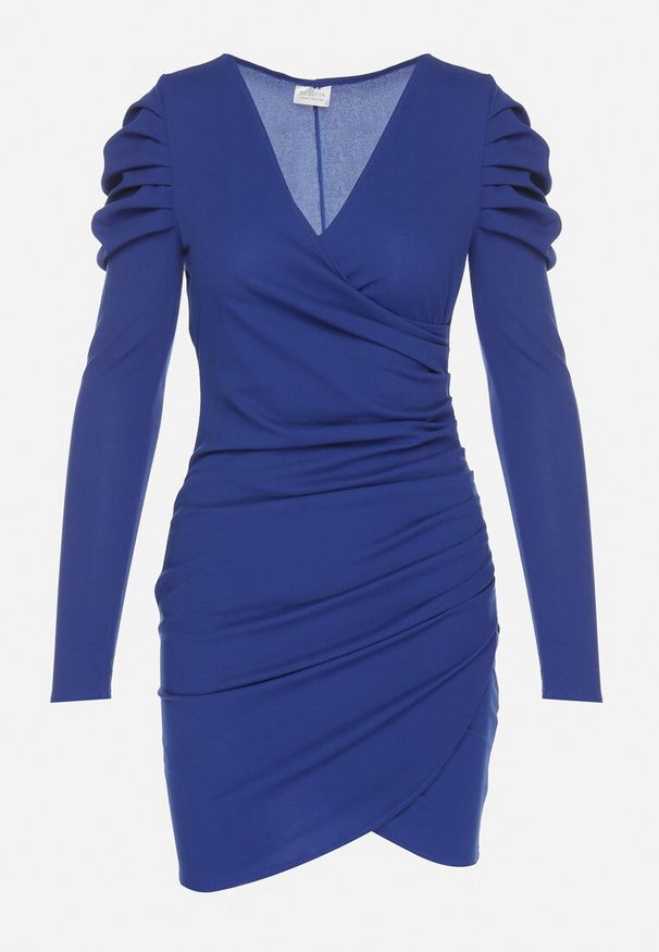 Born2be - Niebieska Sukienka Dopasowana z Drapowaniem i Kopertowym Dekoltem Olaura. Okazja: na co dzień. Typ kołnierza: dekolt kopertowy. Kolor: niebieski. Długość rękawa: długi rękaw. Typ sukienki: kopertowe. Styl: klasyczny, casual, elegancki