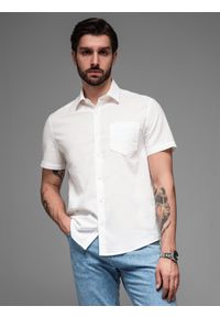 Ombre Clothing - Męska koszula z lnu i bawełny z krótkim rękawem i kieszonką – złamana biel V1 OM-SHSS-0167 - XXL. Materiał: bawełna, len. Długość rękawa: krótki rękaw. Długość: krótkie. Sezon: lato #9