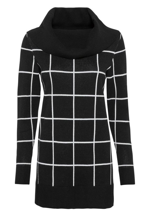 Długi sweter bonprix czarno-biel wełny w kratę. Kolor: czarny. Materiał: wełna. Długość: długie
