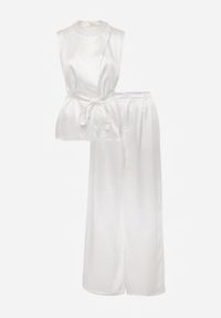 Renee - Biały Wiskozowy Komplet Elegancki z Satynowego Materiału Bluzka w Stylu Kimono i Szerokie Spodnie Adraxera. Kolor: biały. Materiał: wiskoza, materiał, satyna #8