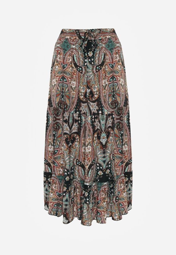 Renee - Beżowo-Czarna Spódnica z Wiskozy Ozdobiona Motywem Paisley Ellivae. Okazja: na co dzień. Kolor: beżowy. Materiał: wiskoza. Wzór: aplikacja, paisley. Styl: elegancki, casual