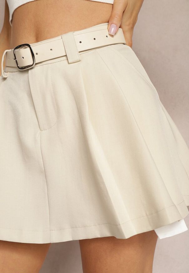 Renee - Beżowa Spódnica Plisowana High Waist o Rozkloszowanym Kroju z Paskiem Vimarae. Okazja: do pracy, na co dzień. Stan: podwyższony. Kolor: beżowy. Styl: casual