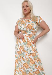 Born2be - Biało-Pomarańczowa Bawełniana Sukienka z Gumką w Pasie Zilletta. Okazja: na co dzień, na randkę. Kolor: biały. Materiał: bawełna. Styl: klasyczny, casual #2