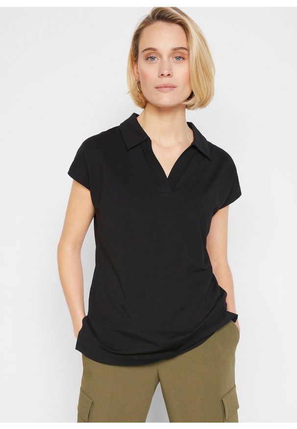 bonprix - Koszulka z otwartym kołnierzykiem polo. Typ kołnierza: polo. Kolor: czarny