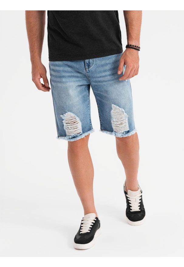 Ombre Clothing - Krótkie męskie spodenki jeansowe z przetarciami i dziurami – jasnoniebieskie V2 OM-SRDS-0157 - XXL. Okazja: na co dzień. Kolor: niebieski. Materiał: jeans. Długość: krótkie. Wzór: aplikacja. Sezon: lato. Styl: klasyczny, casual