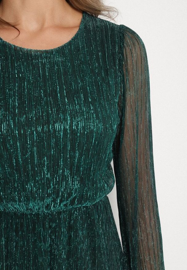 Born2be - Ciemnozielona Sukienka z Wiskozy Ozdobiona Metaliczną Nicią Meliorea. Kolor: zielony. Materiał: wiskoza. Wzór: aplikacja. Styl: elegancki, klasyczny