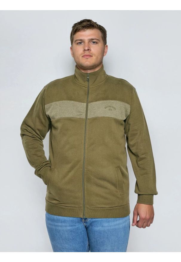 Big-Star - Bluza męska bawełniana na stójce khaki Johnson 303. Okazja: na co dzień, do pracy. Typ kołnierza: kołnierzyk stójkowy. Kolor: zielony. Materiał: bawełna. Styl: casual, sportowy