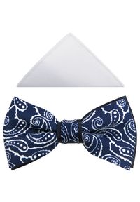 Modini - Granatowa mucha męska w biały paisley A237. Kolor: biały, wielokolorowy, niebieski. Materiał: poliester, tkanina. Wzór: paisley. Styl: elegancki #1