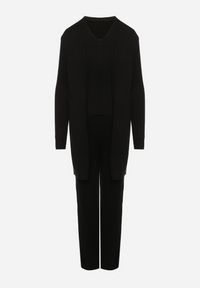 Born2be - Czarny Komplet Dzianinowy z Bawełną Spodnie Kamizelka i Długi Kardigan Meviravia. Kolor: czarny. Materiał: dzianina, bawełna #4